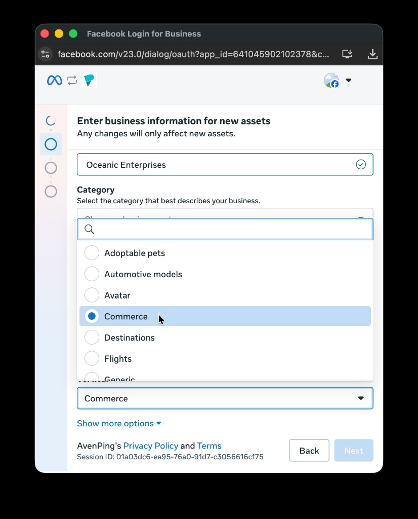 Category dropdown with Commerce selected for a new catalogue