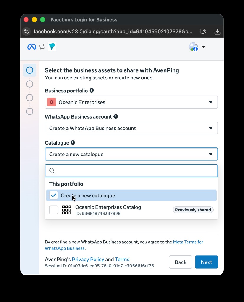 WhatsApp Embedded Signup asset picker with Catalogue set to Create a new catalogue